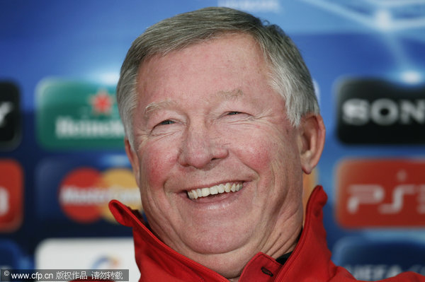 Manchester United's coach Sir Alex Ferguson reacts during a press conference a day before a Group C Champions League match against Otelul Galati in Bucharest, Romania on Monday, Oct. 17, 2011.