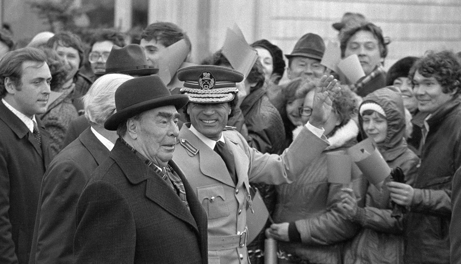 Former Libyan leader Muammar Gaddafi and former president of Union of Soviet Socialist Republics Leonid Ilich Brezhnev