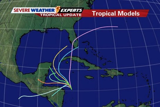 Spaghetti model for Tropical Depression 18 as of 8 p.m. Oct. 23.  [Agencies]