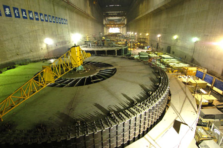 A hydroelectric generator at the Three Gorges Power Plant. The country's largest hydropower project, has generated more than 150 billion kilowatt-hours of electricity since it became operational in 2003.