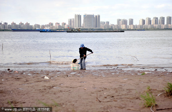 The Yangtze river, the longest waterway and most important shipping route in China, has seen historically low water levels this week in the session near Nanjing, Jiangsu province. Water levels in the session reached 3.67 meters between Oct. 18 - 25. The local government has warned cargo ships to take care to avoid being stranded in the area