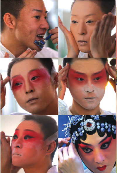 Yang Lei goes through the stages of transformation to play a female role. 