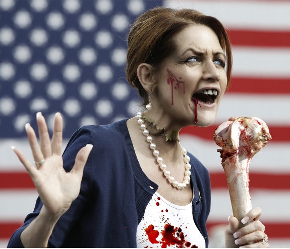 Maybe if Michele Bachmann were a zombie, her entire New Hampshire staff would have been too afraid to quit. 假如米歇尔•巴克曼是僵尸的话，她在新罕布什尔州的那些同伴（与她一起角逐共和党总统候选人提名）将会因为内心恐惧而退出。