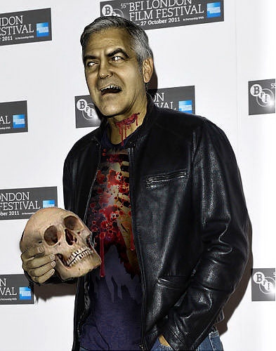 George Clooney trades his leading man looks for ... a skull. 乔治•克鲁尼凭借他这个男主角的长相换来了一个骷髅。