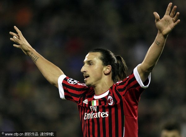 Zlatan Ibrahimovic of AC Milan reacts after he scored a goal against FC BATE Borisov during their UEFA Champions League soccer match at Dinamo stadium in Minsk, Belarus, 01 November 2011. 