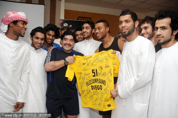 Diego Maradona celebrated his 51st birthday in Dubai with his 'family away from home'—the Al Wasl club he's been coaching since July.