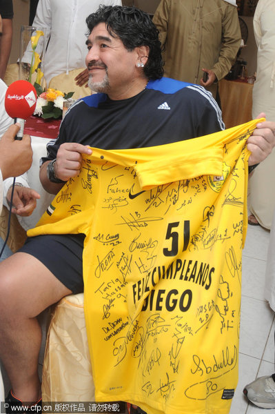 Diego Maradona celebrated his 51st birthday in Dubai with his 'family away from home'—the Al Wasl club he's been coaching since July.