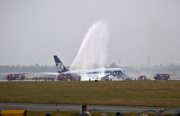 A Polish aircraft carrying 230 people made an emergency landing Tuesday at Warsaw's airport with no casualties after reporting undercarriage problems. 