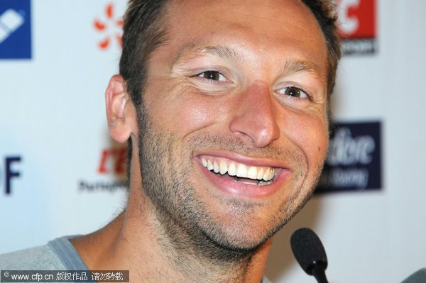 Australian swimmer Ian Thorpe press conference during the Paris Open swimming competition at the swimming pool of Lagadere Paris racing, the Croix Catelan, Paris