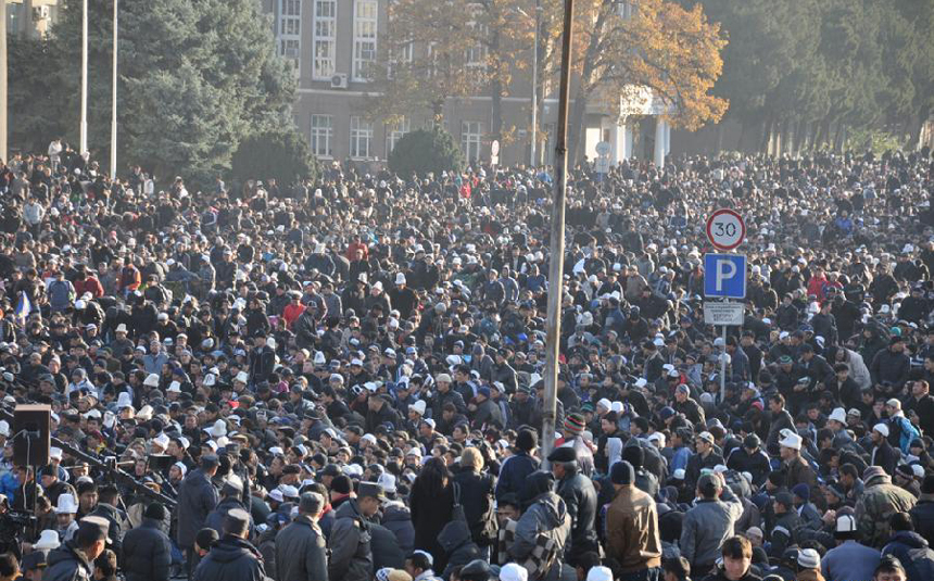 Thousands of Muslims pray for Eid al-Adha in Bishkek, Kyrgyzstan, Nov. 6, 2011. 