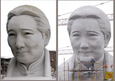 A combination picture of the design (L) of Soong Ching Ling and the statue.