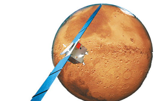 A simulated computer image of Yinghuo-1 and the Mars.[File photo/Xinhua]