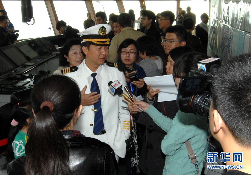 Shen Quan, captain of the Chinese icebreaker Xue Long, or 'Snow Dragon', is interviewed by Chinese media on Nov. 1, 2011.