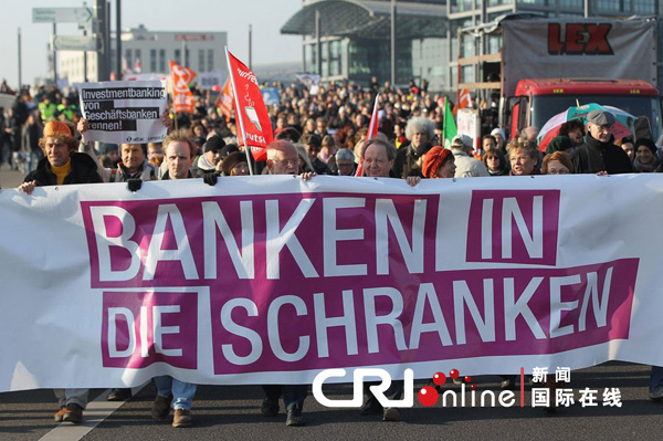 Thousands of Occupy demonstrators gathered in Berlin and Frankfurt on Nov. 12, 2011 with speeches and various groups criticizing uncontrolled bank's power and greedy financial predators.