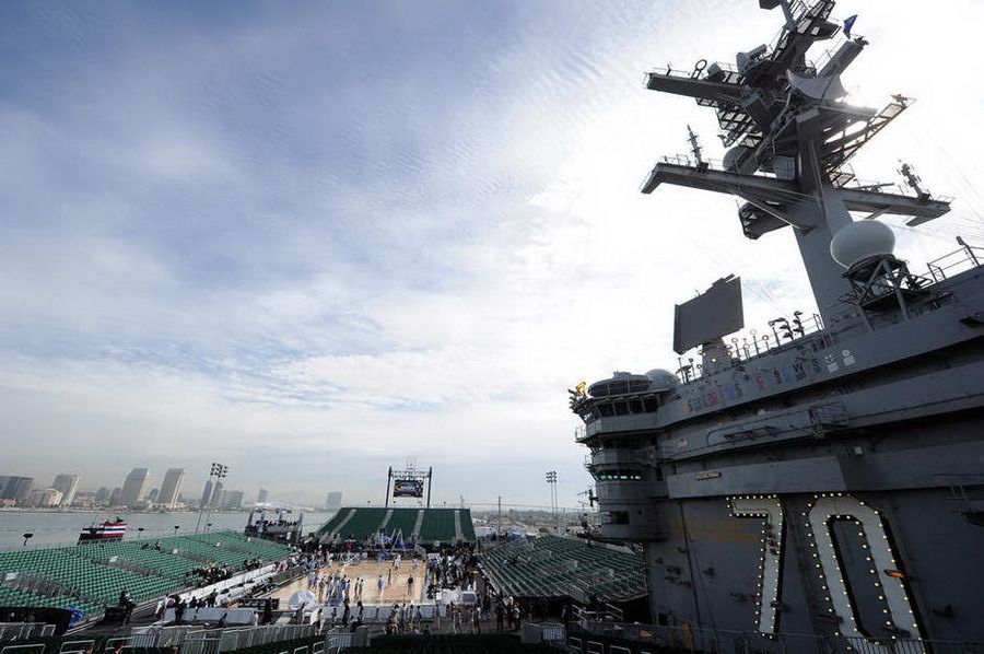 Members of North Carolina Tar Heels practice for the Carrier Classic NCAA college basketball game aboard the USS Carl Vinson on November 10, 2011 in San Diego, California. 