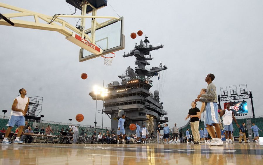 Members of North Carolina Tar Heels practice for the Carrier Classic NCAA college basketball game aboard the USS Carl Vinson on November 10, 2011 in San Diego, California. 