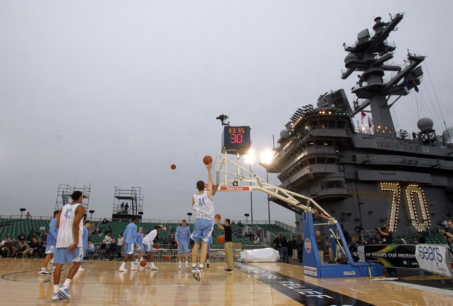 Members of North Carolina Tar Heels practice for the Carrier Classic NCAA college basketball game aboard the USS Carl Vinson on November 10, 2011 in San Diego, California.