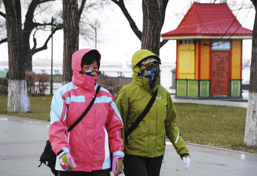 People wrapped in warm clothes walk in a street in Harbin, capital of northeast China's Heilongjiang Province, Nov. 13, 2011. The temperature in Heilongjiang has dropped by a large margin from Saturday.