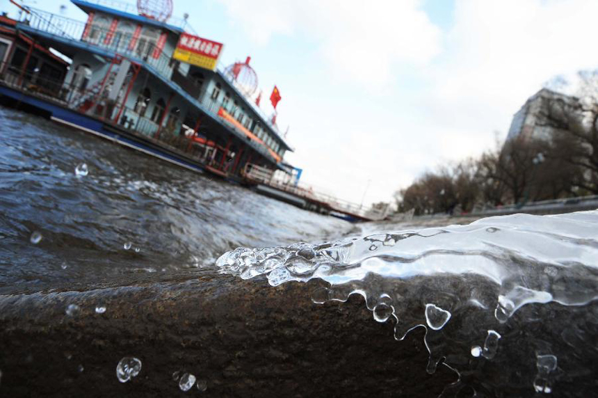 Photo taken on Nov. 13, 2011 shows ice on the Songhua River in Harbin, capital of northeast China's Heilongjiang Province. The temperature in Heilongjiang has dropped by a large margin from Saturday. 