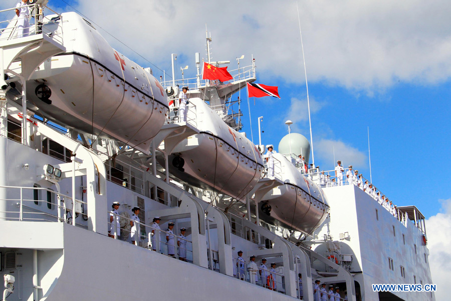 Soldiers from the Chinese Navy &apos;Peace Ark&apos; hospital ship rank on board before they depart from Port of Spain, Trinidad and Tobago, Nov. 15, 2011. The Chinese Navy &apos;Peace Ark&apos; hospital ship is heading for Costa Rica to continue the humanitarian medical services after concluding its seven-day mission in Trinidad and Tobago. [Zha Chunming/Xinhua] 