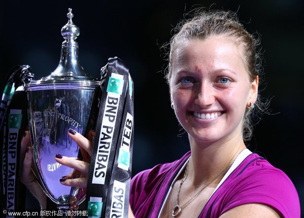 Petra Kvitova of Czech Republic celebrates with the trophy after defeating Victoria Azarenka of Belarus during day six of the season ending TEB BNP Paribas WTA Championships Tennis at the Sinan Erdem Stadium on October 30, 2011 in Istanbul, Turkey. (