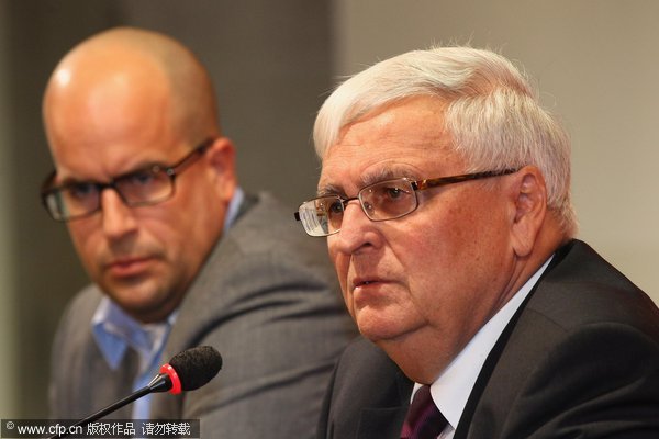 Press speaker Stephan Brause of the German Football Association and Theo Zwanziger, president of the German Football Association attend the press conference at RheinEnergieStadion on November 19, 2011 in Cologne, Germany.