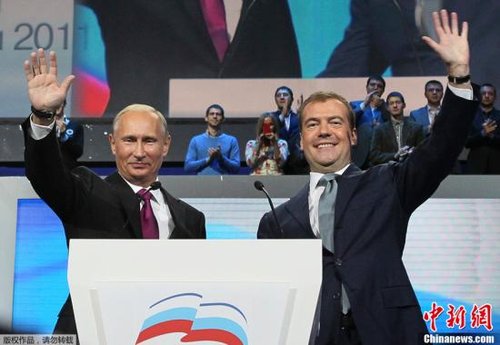 Russian President Dmitry Medvedev (R) proposes on November 24 that Prime Minister Vladimir Putin (L) shall run for president in 2012.