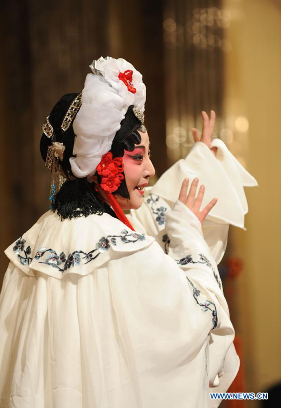 An artist of the Chinese Northern Kunqu Opera Theater performs in the classic piece of Kunqu Opera 'Dou E Yuan' at the Austrian Academy of Sciences in Vienna, capital of Austria, Nov. 24, 2011.