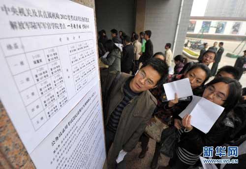 Candidates confirm their seats before taking administrative proficiency tests of the 2012 National Civil Service Exam in Heifei, capital of east China's Anhui Province, Nov. 27, 2011.      