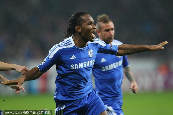 Didier Drogba of Chelsea celebrates the first goal during the UEFA Champions League group E match between Bayer 04 Leverkusen and FC Chelsea at BayArena on November 23, 2011 in Leverkusen, Germany.