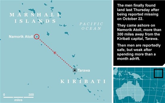 Graphic showing location of two men from Kiribati who were adrift for five weeks in Pacific Ocean. [Agencies]