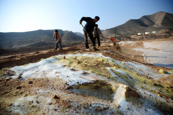 On Oct 16, workers at a remediation plant in Baiyin city, Gansu province, place soil polluted by heavy metals into a chemical washing pool to purify it. The industrial pollution has driven farmers to desert their land. [Photo/ Xinhua]