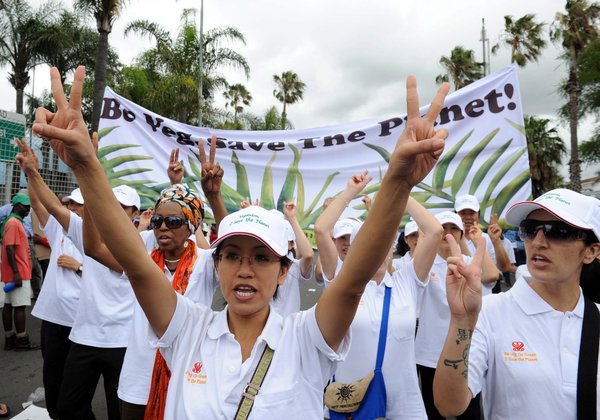 A handout photograph provided by Greenpeace shows some of the thousands of people marching to the ICC during the mass protest in Durban, South Africa, December 3, 2011. The protest is part of the 17th Conference of Parties of the United Nations Framework Convention on Climate Change (COP 17) which continues this week. [CFP]