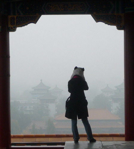 On a 'blue-sky day,' this tourist would have a clear view from the top of a hill in Jingshan Park in Beijing. But on Monday, visibility was less than 1 kilometer. [Photo/China Daily] 