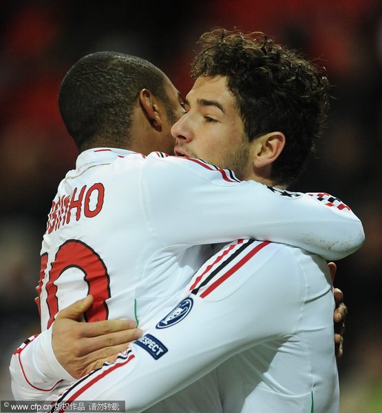  Pato (R) and Robinho of AC Milan celebrate after scores goal against Viktoria Plzen during their UEFA Champions League group H soccer match at Synot Tip Arena, in Prague, Czech Republic, on 06 December 2011.