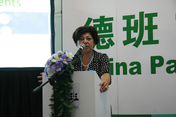 Monique Barbut, CEO of Global Environment Facility, speaks at the China Pavilion in Durban, South Africa. China announced the establishment of its Climate Center for Strategy Research and International Cooperation at the climate talks on Dec. 5, 2011. [China.org.cn/Unisumoon]
