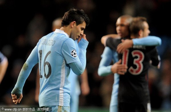 Sergio Aguero of Manchester City looks dejected at the end of the UEFA Champions League Group A match between Manchester City and FC Bayern Muenchen at the Etihad Stadium on December 7, 2011 in Manchester, England.