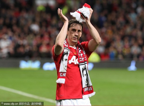 Gary Neville of Manchester United applauds the fans after his testimonial match between Manchester United and Juventus at Old Trafford on May 24, 2011 in Manchester, England. 