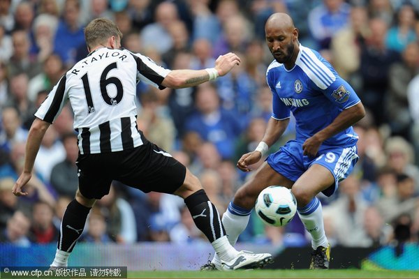 Nicolas Anelka is challenged by Ryan Taylor of Newcastle during the Barclays Premier League match between Chelsea and Newcastle United at Stamford Bridge on May 15, 2011 in London, England.