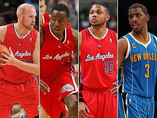 Players involved in the deal. From left to right: Chris Kaman, Al-Farouq Aminu, Eric Gordon, Chris Paul. [Source:Sina.com]