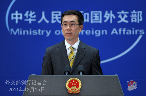 Foreign Ministry spokesman Liu Weimin speaks during a regular press briefing in Beijing on Dec. 15, 2011. 