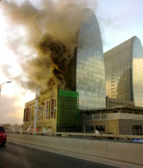 No casualties was reported in a fire that broke out near a high-rise complex in Beijing's downtown Xizhimen area Thursday afternoon, local fire fighters said.