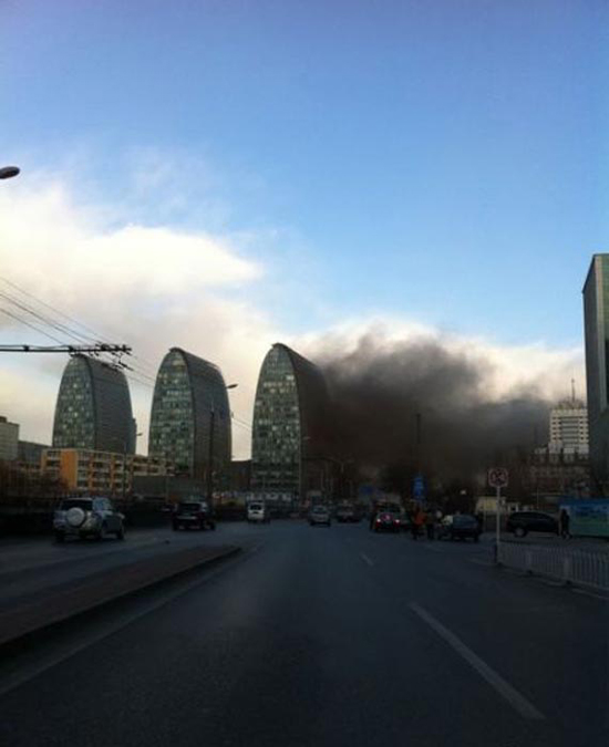 No casualties was reported in a fire that broke out near a high-rise complex in Beijing's downtown Xizhimen area Thursday afternoon, local fire fighters said.