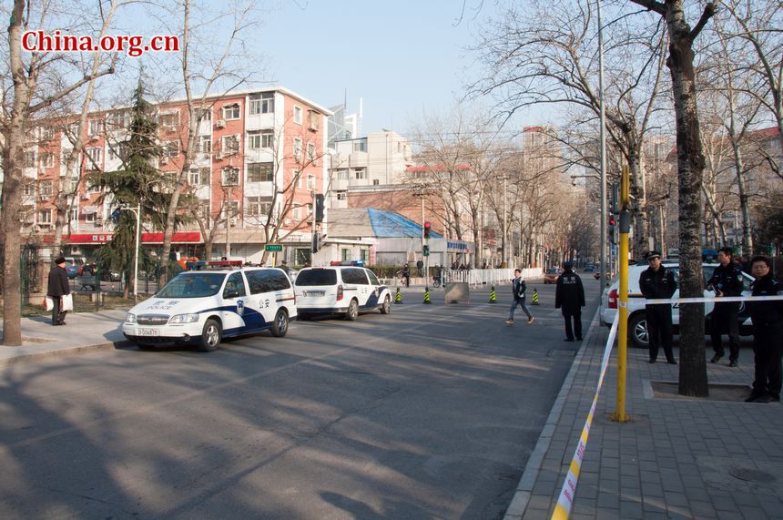 Police have blocked the street in front of the North Korean embassy in Beijing as precautious measures following Kim Jong Il's death Monday, December 19, 2011. [Maverick Chen / China.org.cn]
