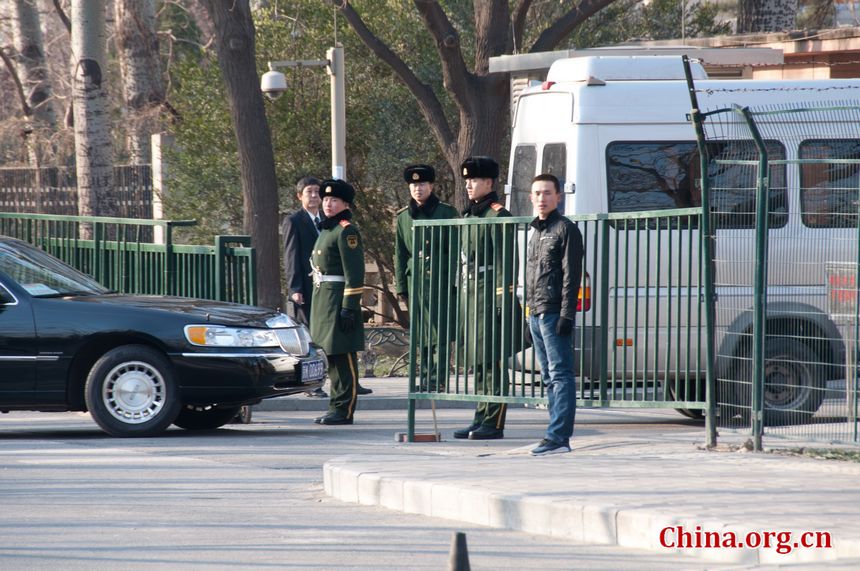 Security has been tightened at the DPRK embassy in Beijing on Monday, December 19, 2011, amid the news that Kim Jong Il, DPRK's top leader has died. [Maverick Chen / China.org.cn]