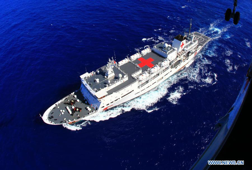 Chinese Navy hospital ship 'Peace Ark' sails in the Pacific on Dec. 19, 2011. The hospital ship 'Peace Ark' is on its way home after conducted humanitarian voyage 'Mission Harmony-2011' in the Latin American nations.