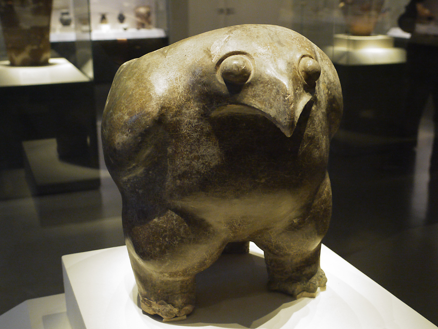 Eagle-shaped Pottery Ding (vessel), Yangshao Culture (c.5000-3000BC), Unearthed at Taipingzhuang, Huaxian, Shaanxi Province, 1958. It is exhibited in the section of Life and Production in Neolithic China, an exhibition of Ancient China in the National Museum of China.[Photo by Xu Lin / China.org.cn]