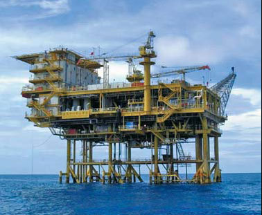 A long-range view of the Oriental 1-1 natural gas field owned by CNOOC Ltd in the South China Sea. The field has a daily output of 187 million cubic feet.