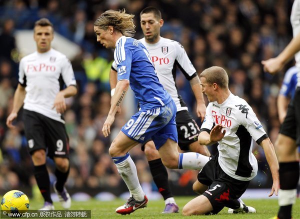 Chelsea's Fernando Torres (L) vies for ball with Fulham's Brede Hangeland (R) during their English Premier League soccer match at London, Britain, 26 December 2011. 