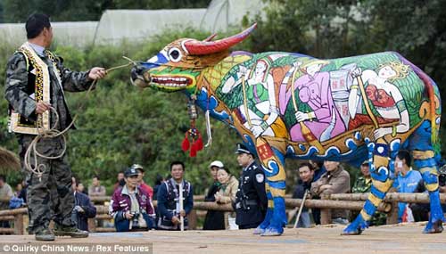 Art attack! This bull might scare off tigers, but the audience peer in to get a closer look. [Agencies]